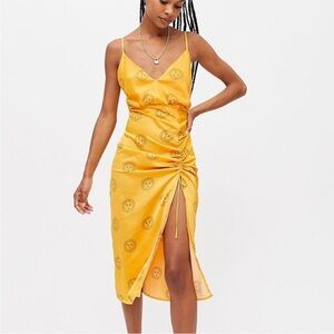 Urban outfitters golden yellow sun pattern V neck midi slip dress